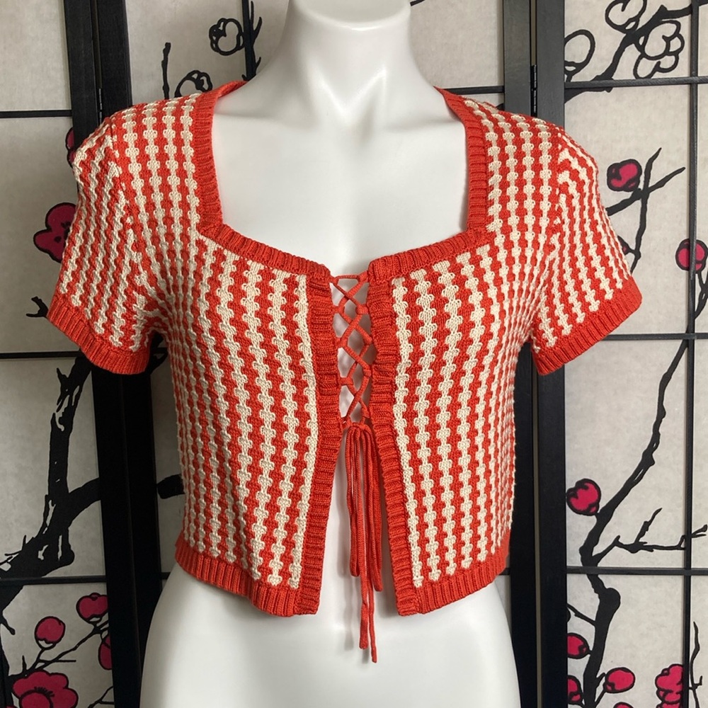 🏇Sage The Label Orange and Cream Knit Lace-Up Top
